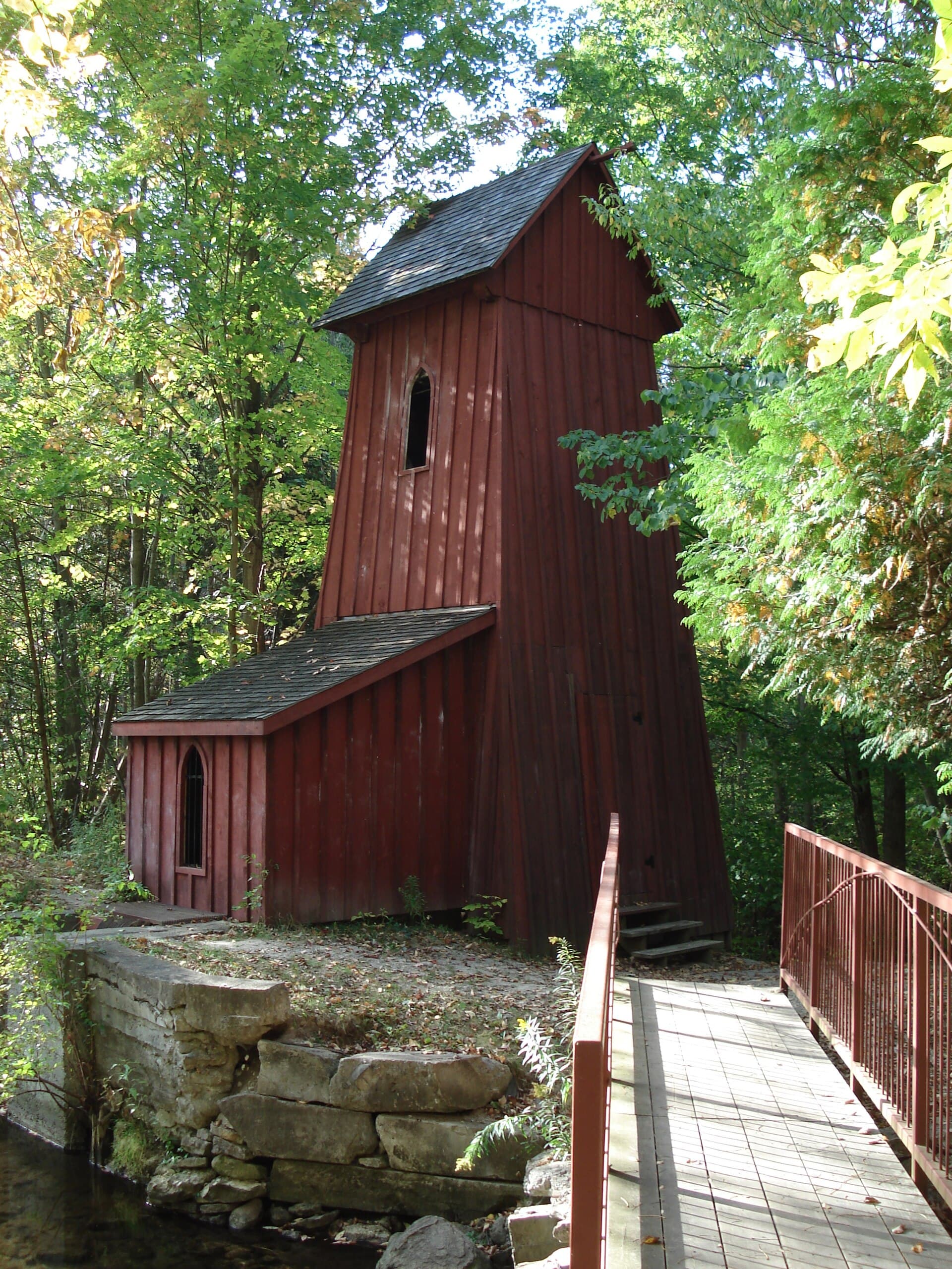 The wooden Sheave Tower in the woods at Blair, Cambridge