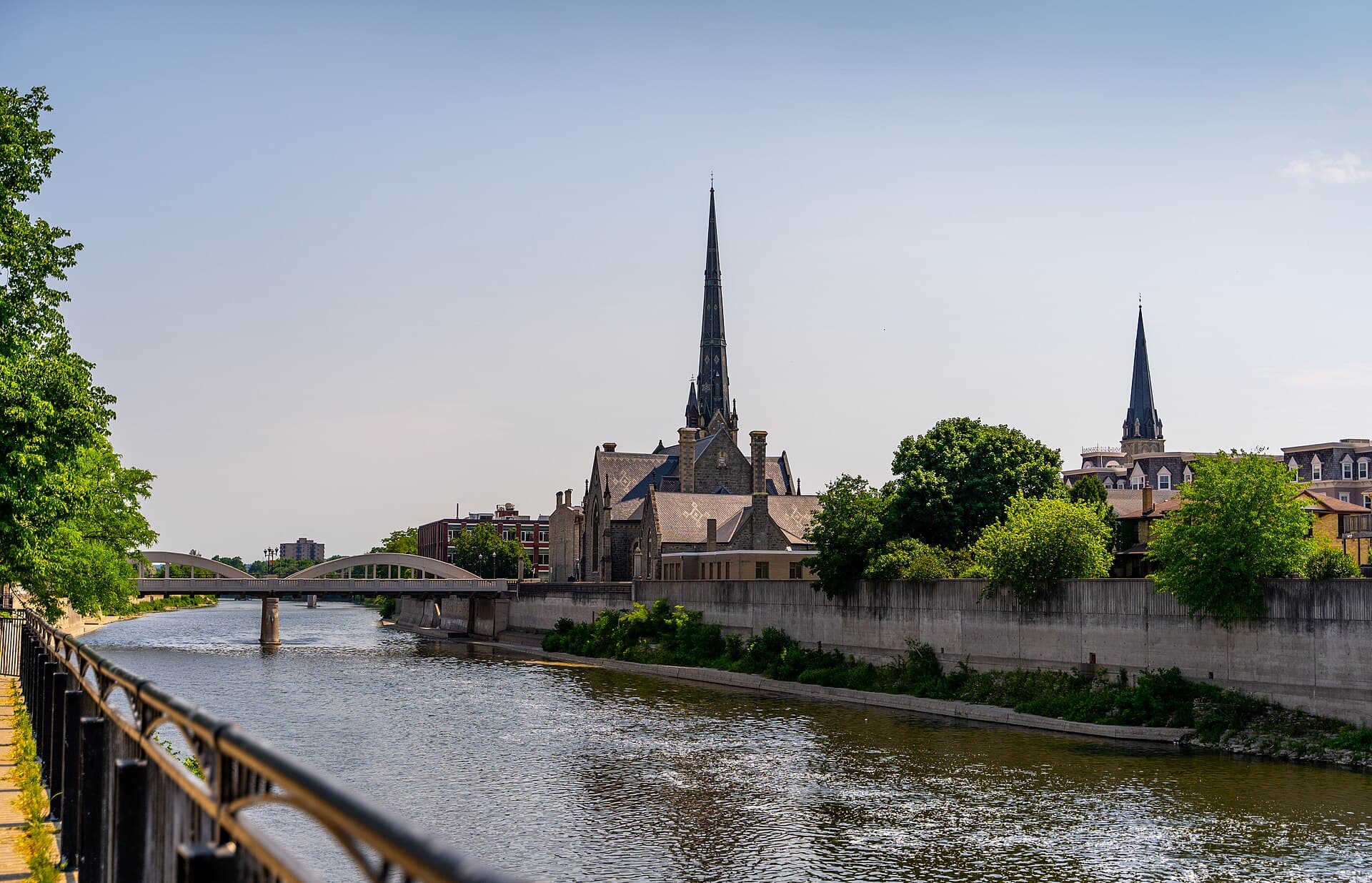 Central Presbyterian Church and the arch bridge on the Grand River in downtown Galt, Cambridge