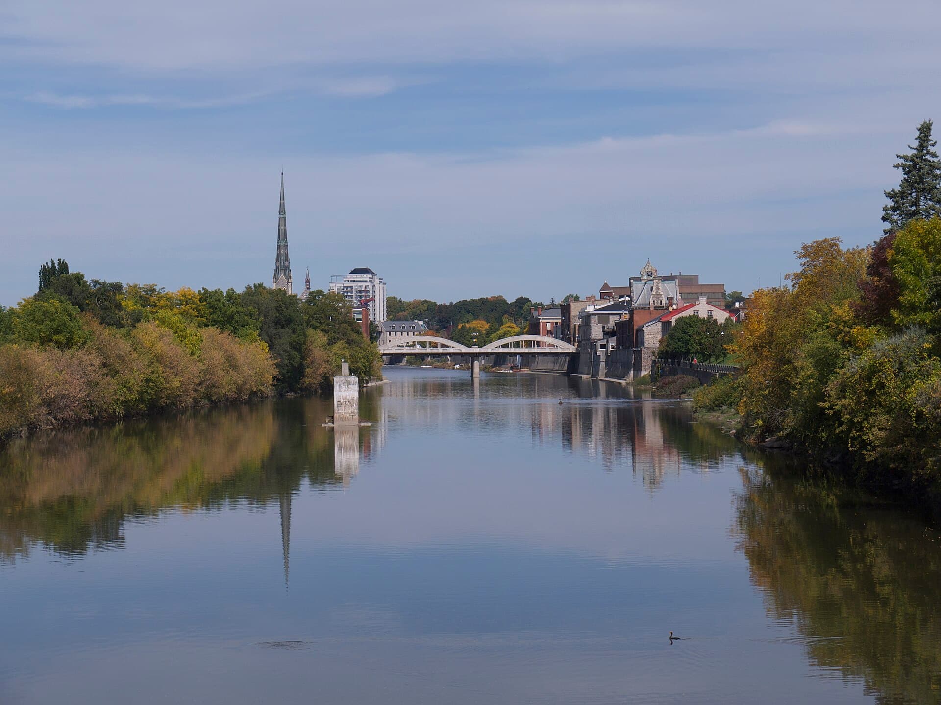 The Grand River from the Cedar Street bridge in Cambridge, downtown Galt in the distance