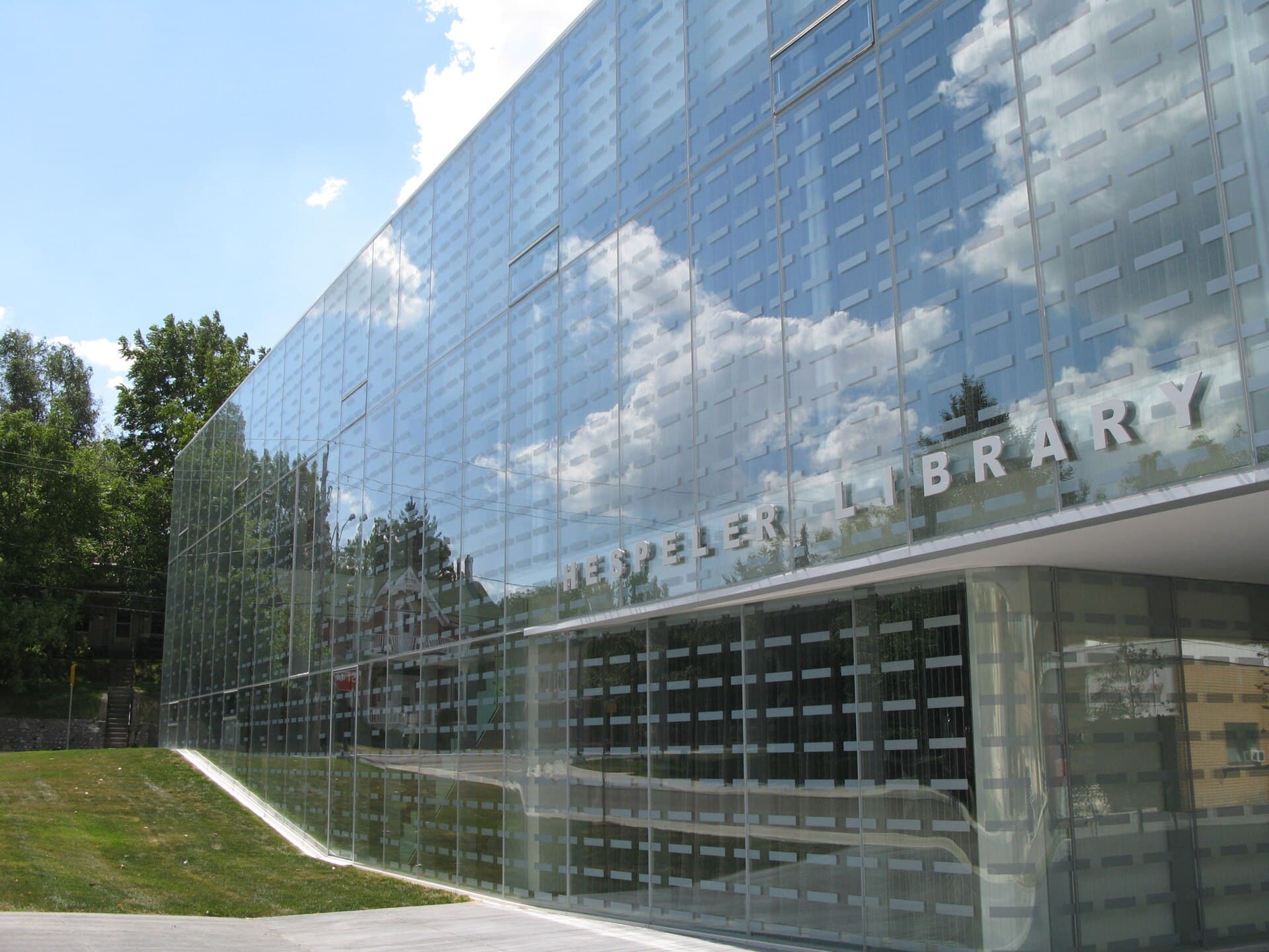 The glass facade of the Hespeler branch library in Cambridge